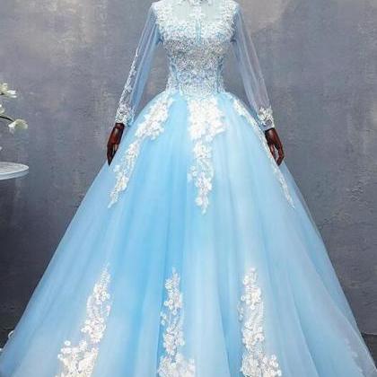 A Line Blue Tulle Lace Long Prom Dress Evening..
