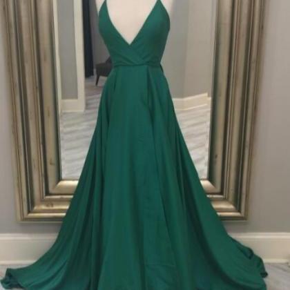 V Neck Dark Green Prom Dresses Long Evening Gowns..
