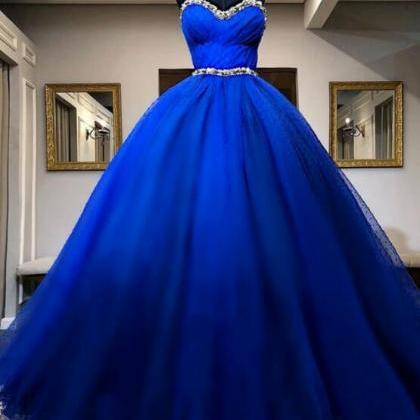 Sweetheart Dark Blue Tulle Ball Gown Prom Dress,..