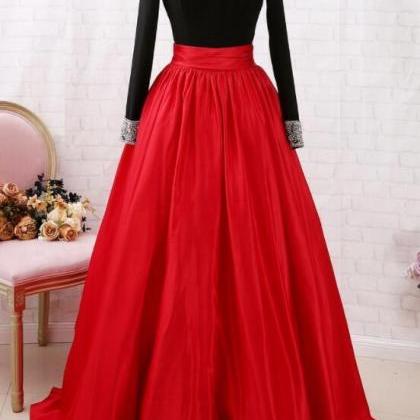 Beauty Long Sleeves Black Red Ball Gown Prom Dress..