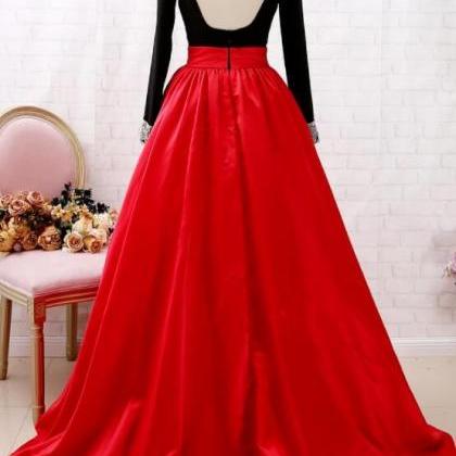 Beauty Long Sleeves Black Red Ball Gown Prom Dress..