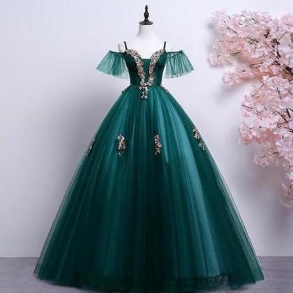 Beauty Dark Green Embroidery Ball Gown Medieval..