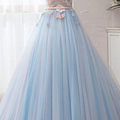 Off-the-shoulder Appliques Ball Gown Blue Tulle..