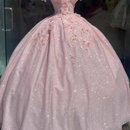Sweetheart Prom Dress Ball Gown Pink Glitter Party..