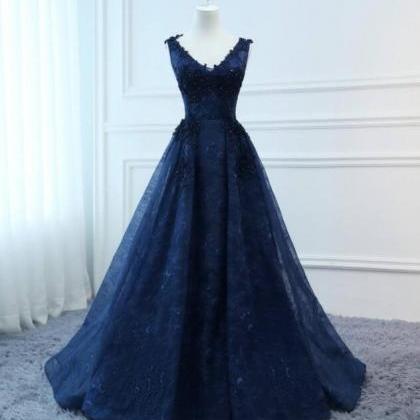 Fashionable Long Navy Blue Evening Dresses Foral..