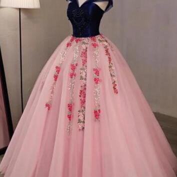 A Line Pink Tulle V Neck Long Evening Dress With..