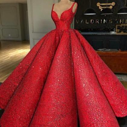 Beauty Ball Gown Sweep Train Red Sequin Prom Dress