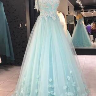 Sexy Tulle Baby Blue Appliques Prom Dress,formal..