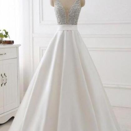 Ivory Satin Chic Sparkly Sequins Long Prom Dress