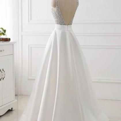Ivory Satin Chic Sparkly Sequins Long Prom Dress