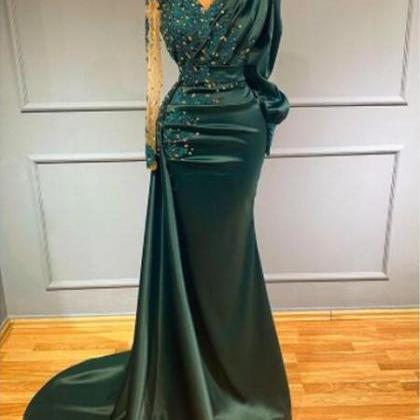 Mermaid One Shoulder Green Prom Dresses, Lace Prom..