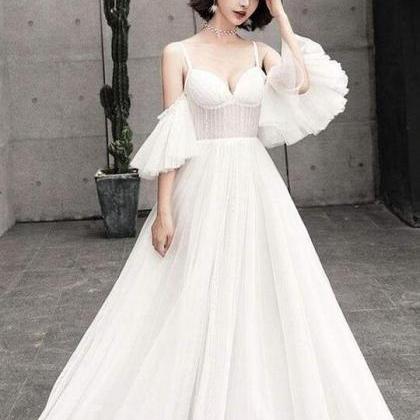 Sexy Tulle Long Prom Dress, Unique White Evening..