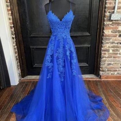 A Line Blue V Neck Tulle Lace Long Prom..