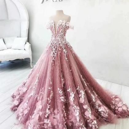 Ball Gown Off The Shoulder Prom Dresses With 3d..