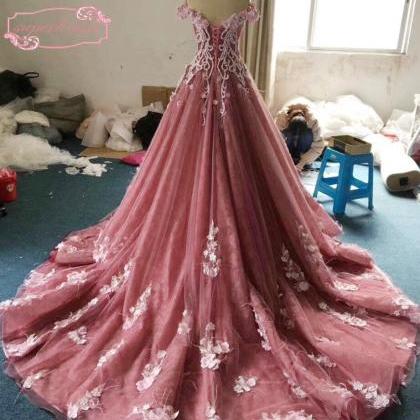 Ball Gown Off The Shoulder Prom Dresses With 3d..