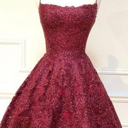 A Line Burgundy Lace Short Prom Dress