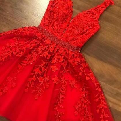 Sexy V Neck Red Short Junior Prom Dresses For Hoco..