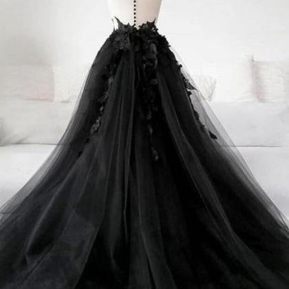 Beautiful Black Tulle With Lace Applique Long Formal Gown, Black Party Dresses      fg4175