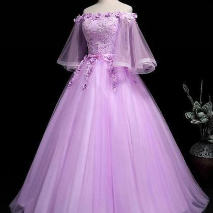 Vintage Light Purple Applique Floral Beaded Off-the-shoulder Design A-line Tulle Party Dress Homecoming Dress DP6076