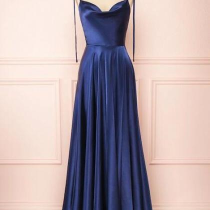 A Line Navy Blue Stain Prom Dresses
