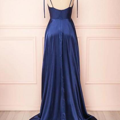 A Line Navy Blue Stain Prom Dresses
