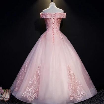 Off Shoulder Ball Gown Pink Tulle Prom Dress