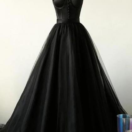 Spaghetti Straps Black Tulle Prom Dress