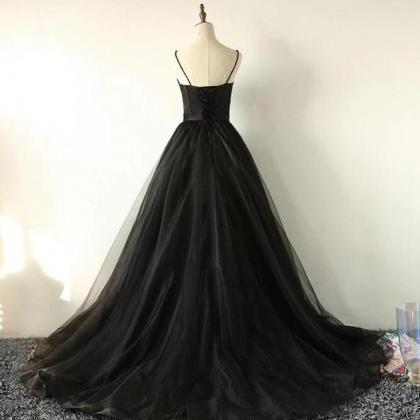 Spaghetti Straps Black Tulle Prom Dress
