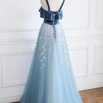 A-line Blue Tulle And Velvet Long Evening Dress