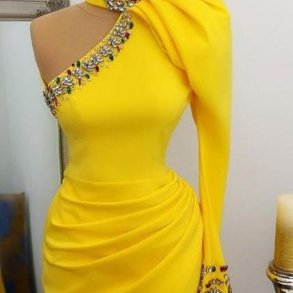 Sexy One Shoulder Yellow Long Evening Dresses For..