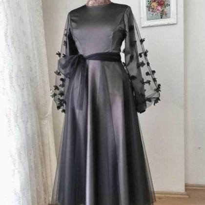Elegant Dark Grey Long-sleeved Gown Dress