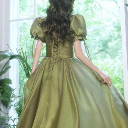 Princess Puff Sleeve Prom Avocado Green Tulle Long..