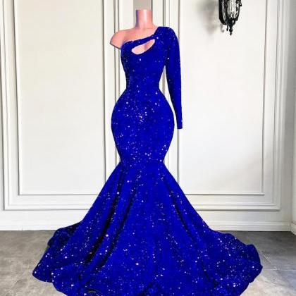 Sparkly One Shoulder Royal Blue Sequin Mermaid Style Prom Dress on Luulla