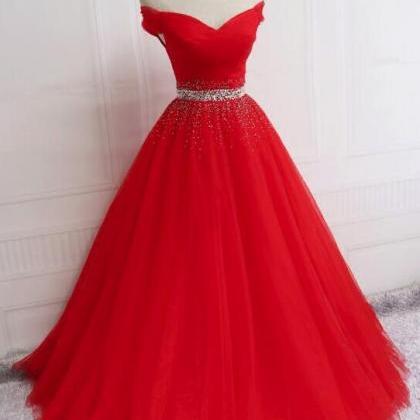 Red Off Shoulder Sweetheart Tulle Long Formal Dress, Red A-line Tulle Prom Dress