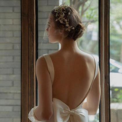 Simple Satin Outdoor Wedding Dress, Backless..
