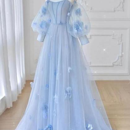 Blue Square Collar A Line Tulle Evening Dress with Appliques
