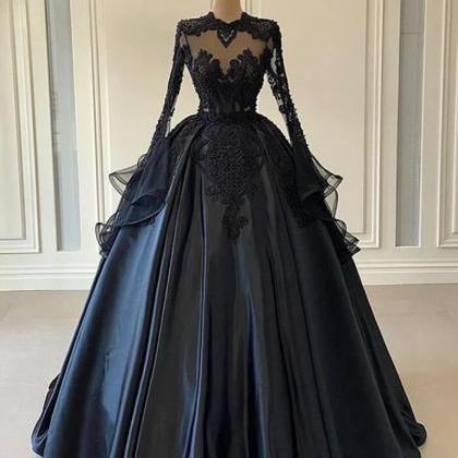 Long Sleeves Ball Gown Black Lace Prom Dresses on Luulla