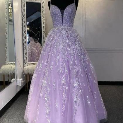 A Line Ball Gown Lilac Lace Prom Dress