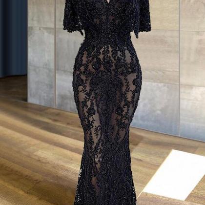 A Line V Neck Black Lace Applique Evening Dresses..