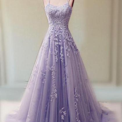 A Line Lavende Lace Applique Prom Dress