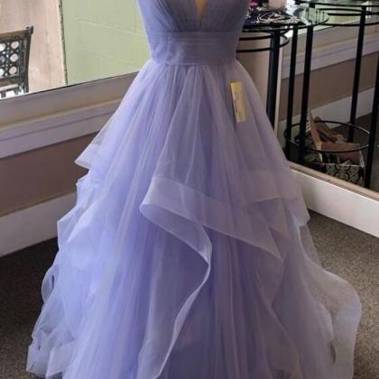 Simple V Neck Lilac Tulle Prom Dress