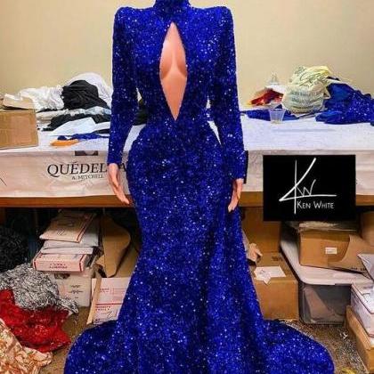 Sparkly Royal Blue Glitter Evening Dres With High..
