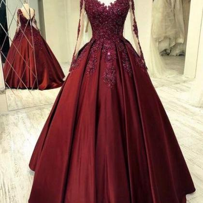 Ball Gown Tulle Burgundy Lace Top Prom Dress with Long Sleeves