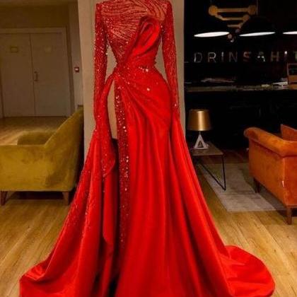 Elegant Sparkly Red Long Sleeve Prom Dresses