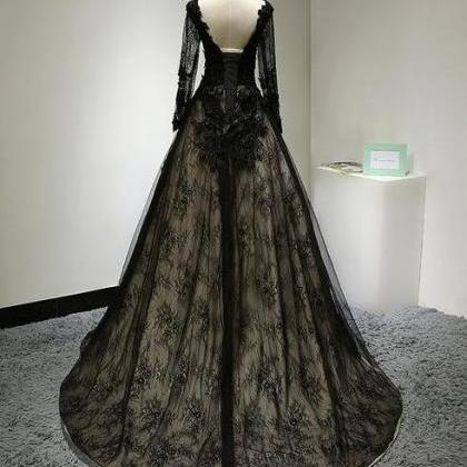 Elegant Black Long Sleeves Lace Prom Dress