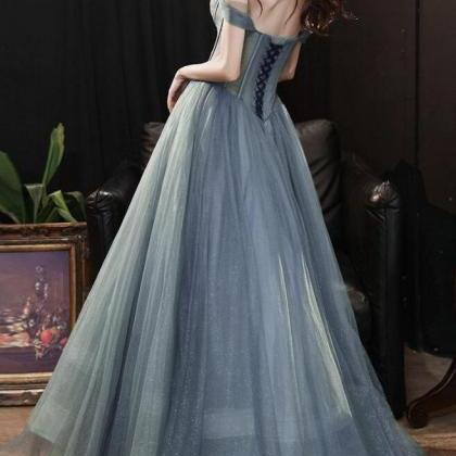 Off Shoulder Sweetheart Neck Max Tulle Dresses Sky Blue