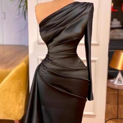Beautiful Mermaid One Shoulder Black Slit Party Dresses Prom Dress main image 0