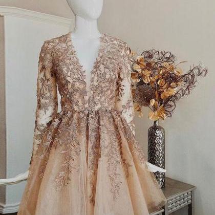 Vintage Gold Lace Short Prom Dresses