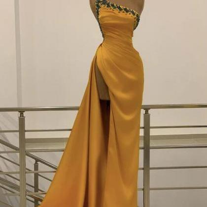 One Shoulder Yellow Stain Split Prom Dresses With..