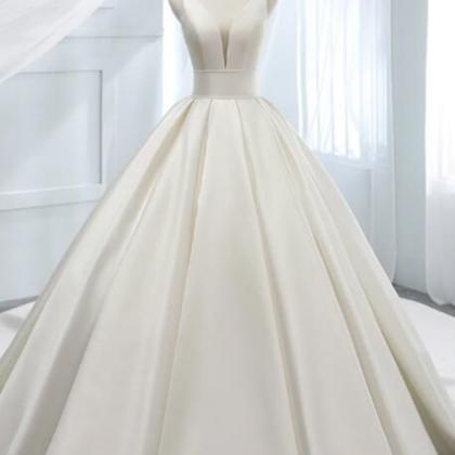 Long Ball Gown Satin V-neck Wedding Dress with Sleeves